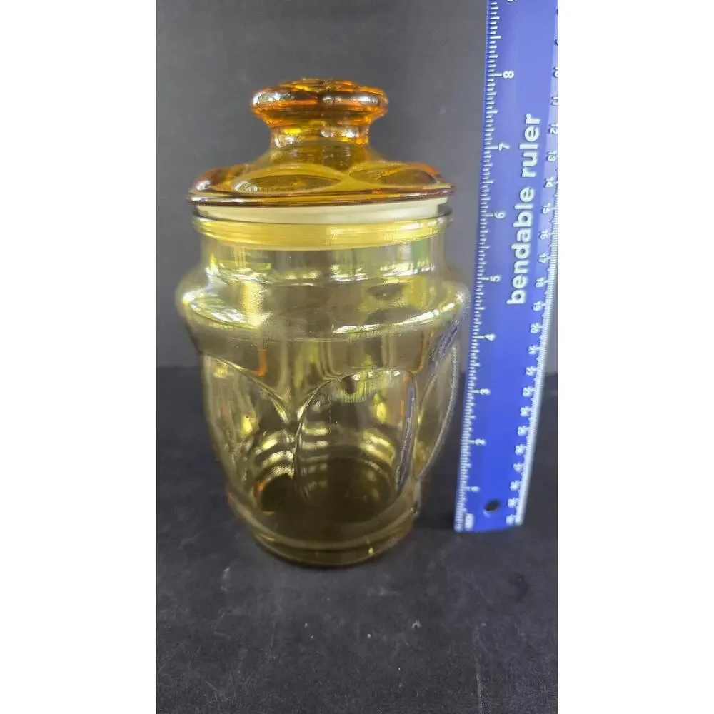 Vintage Amber Yellow Pressed Bubble Glass Jar With Lid Round Canister Kitchen